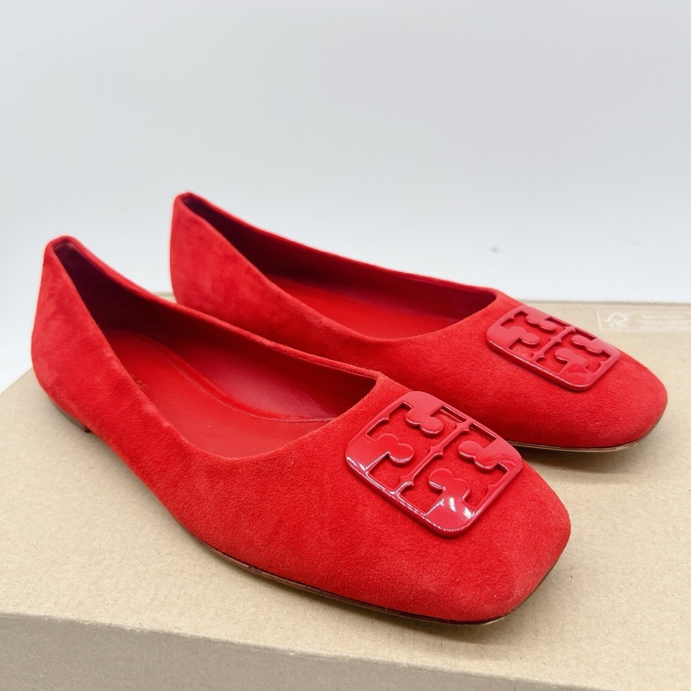Tory Burch Georgia Women's Ballet Flats LOGO Slip On Red Suede Size US 8